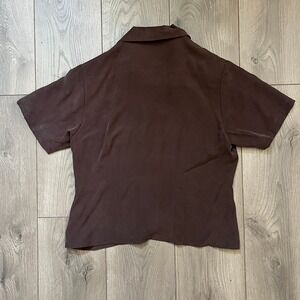 Anne Carson Brown 100% Silk Short Sleeve Button Down Shirt Petite Medium PM